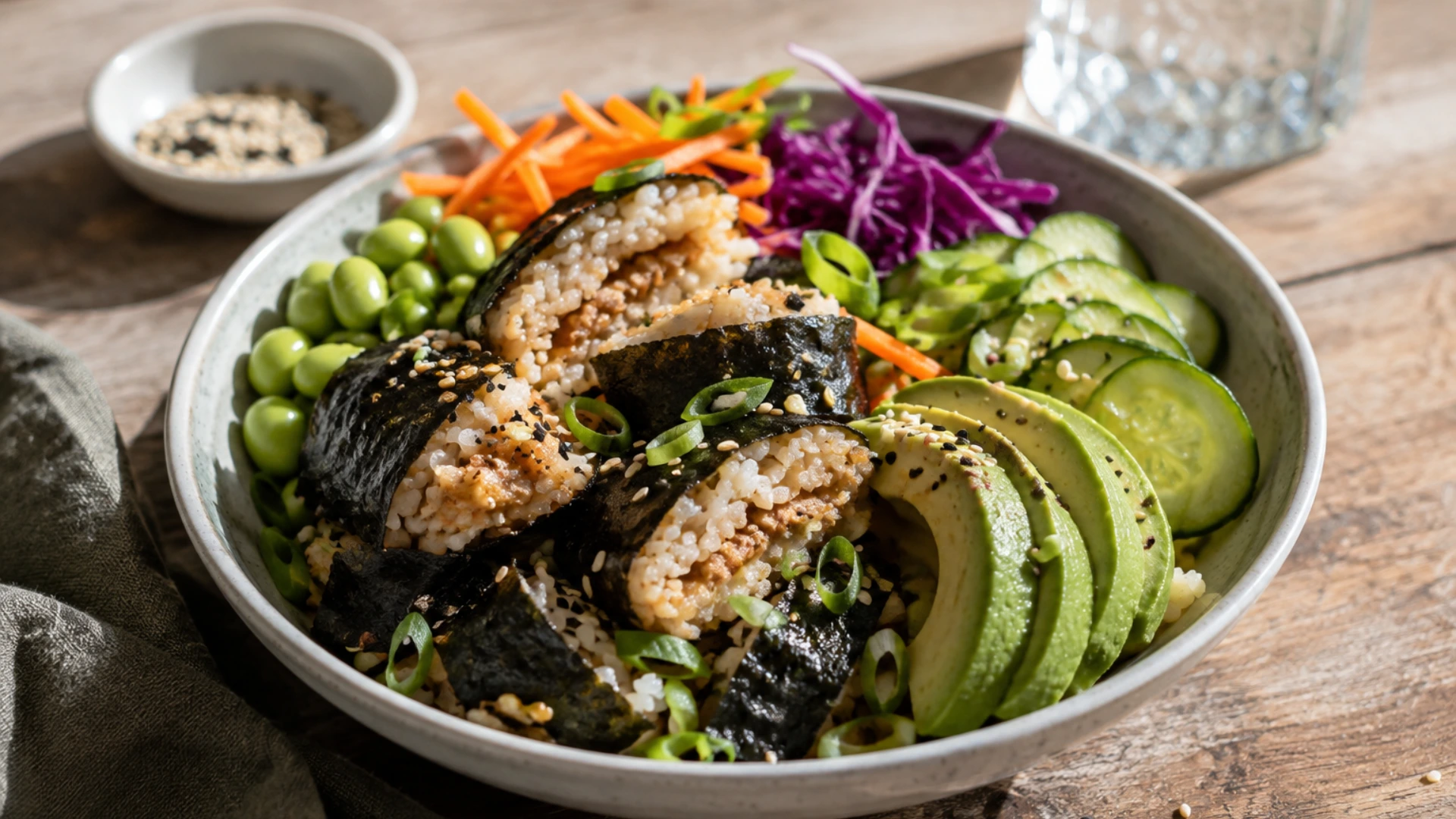 Sushi Pocket vegetable rice bowl with fresh vegetables and edamame